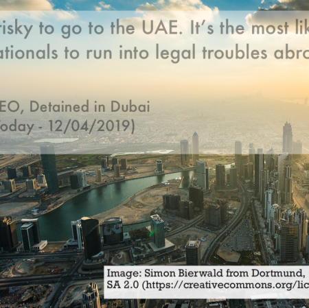 Image of Dubai skyline with a quote from Radya Stirling, Founder and CEO of Detained in Dubai, stating: "It's highly risky to go to the UAE. It's the most likely place for British nationals to run into legal troubles abroad."