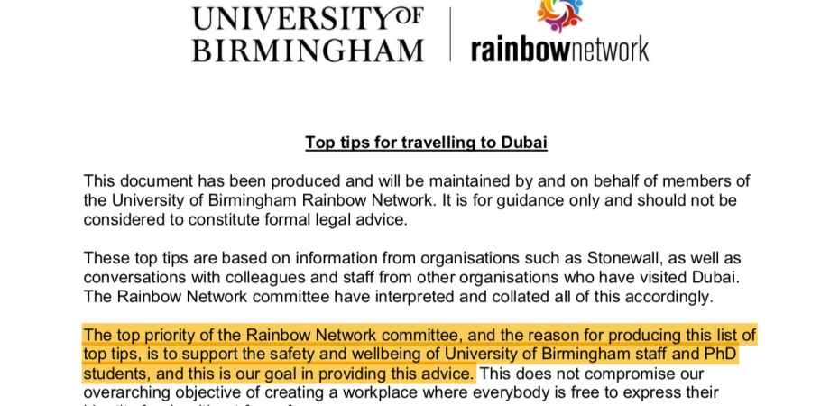 Rainbow Network "Top tips for travelling to Dubai" guidance