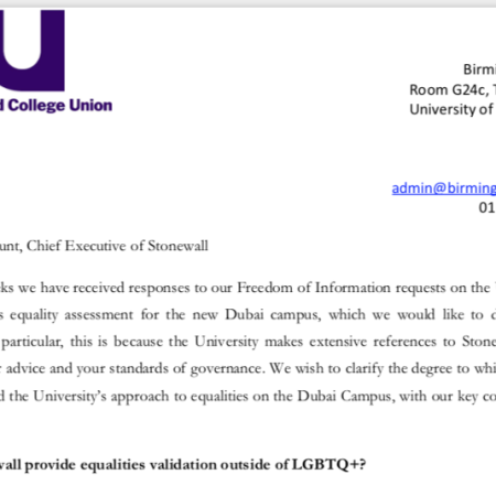 Copy of Birmingham UCU letter to Stonewall LGBT charity seeking